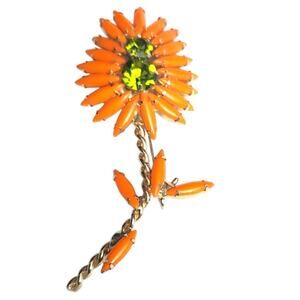 Vtg Rare Schreiner Orange Green Rope Stem Navette Marquise Flower Pin Brooch